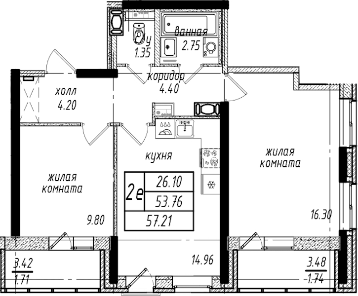 2-комнатная квартира 57.21 м², 6/25 эт., ЖК «Северная Долина»